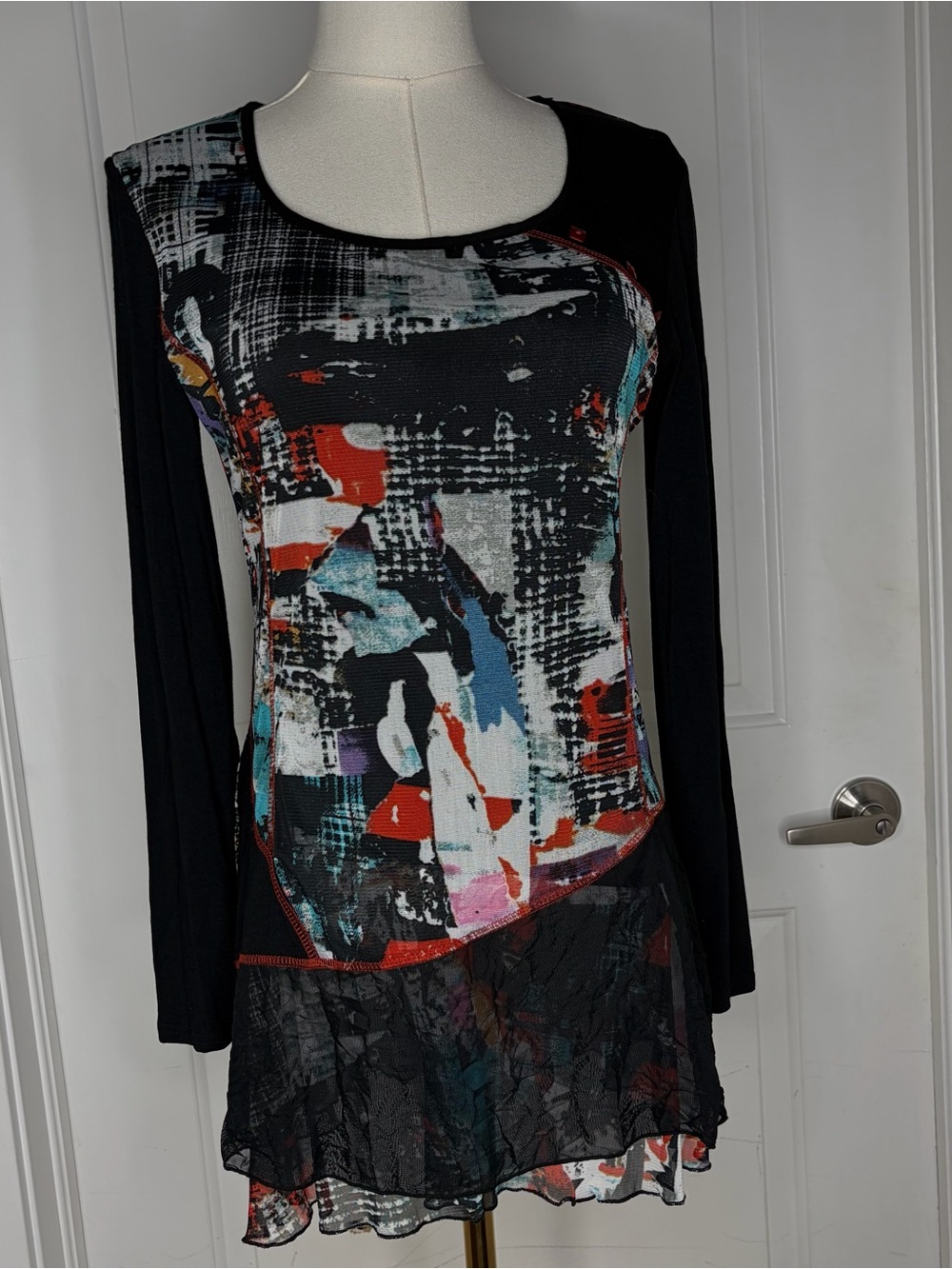 Vintage Y2K Black Multicolor Abstract Mesh Art Shirt Blouse size XS Goth Grunge